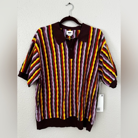 Obey Men's Polo Sweater Surface Multicolor Size Large Shepard Fairey Striped NEW - Picture 2 of 10